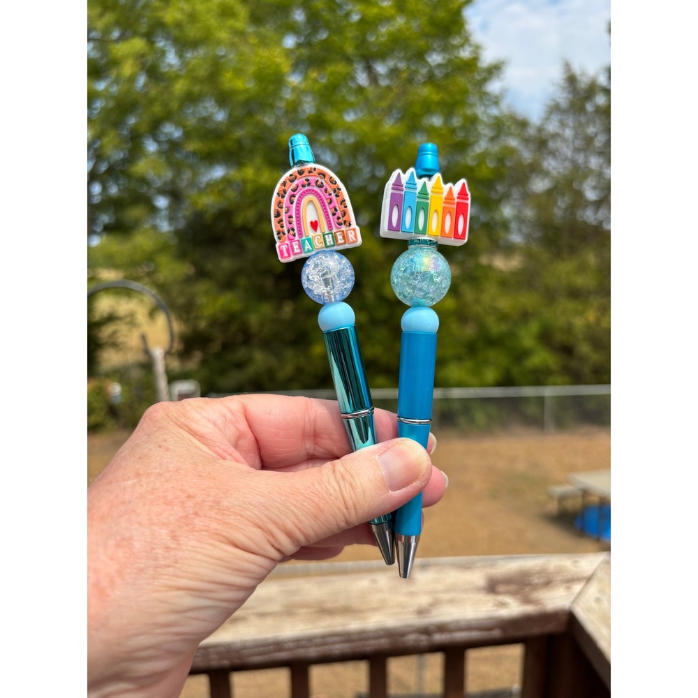 Teacher Appreciation Beaded Pens Set Rainbow Crayon Blue Silicone Focal 2pc